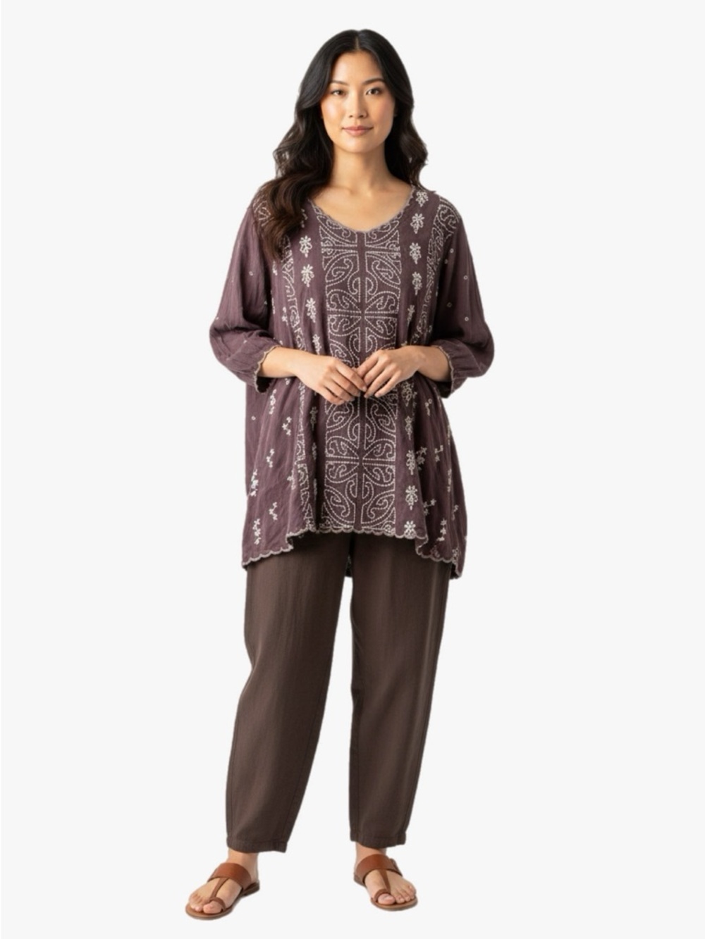 Johnny Was Embroidered Boho Peasant Tunic Blouse Mauve Purple Womens Size XL